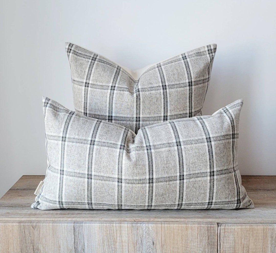 Grey Lumbar Pillow Cover 12x24, Decorative Grey Check Pillow, Autumn
