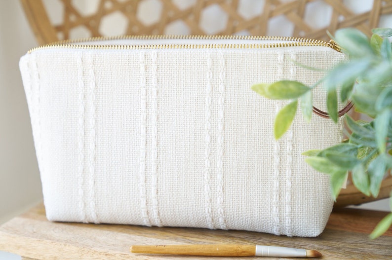 Creamy white makeup bag, unique cosmetic bag, minimalist pouch, tone on tone zip pouch, make up bag gift, perfect gift women, teen girl gift image 1