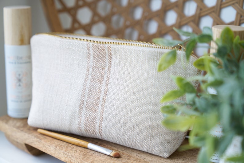 Linen Makeup Bag, Unique cosmetic bag, travel bag, travel zip pouch, gift for women, best gift sister, handmade gift, women coworker gift image 1