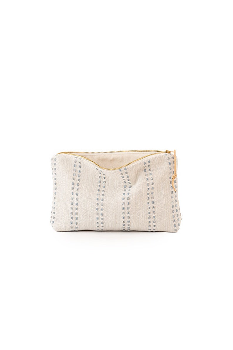 Modern ivory makeup pouch with sky blue stripes image 6