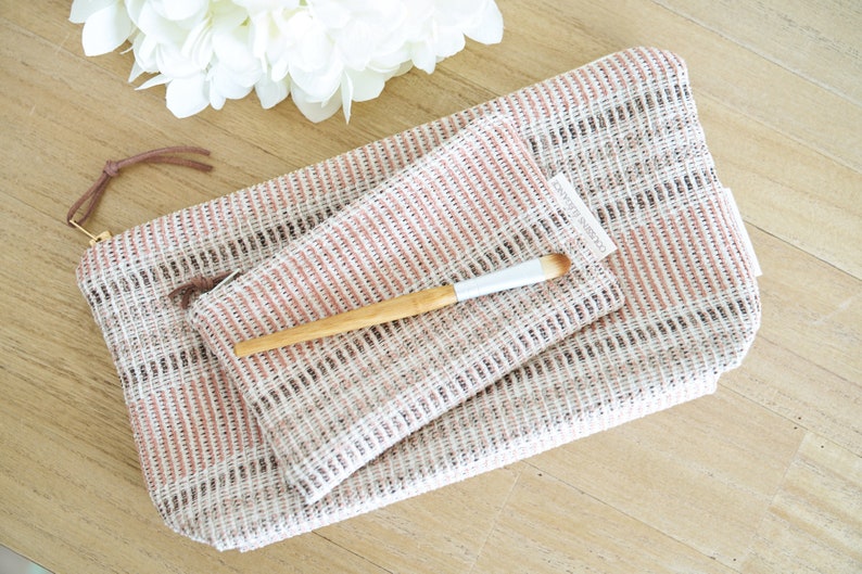 Terracotta Striped Textured Makeup Bag, Pink and Brown Makeup Pouch, Unique Textured Terracotta Cosmetic Bag image 4