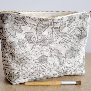 Bohemian floral makeup bag, grey sketches cosmetic bag, earthy grey toiletry bag, casual woven make up pouch, vintage charm travel pouch