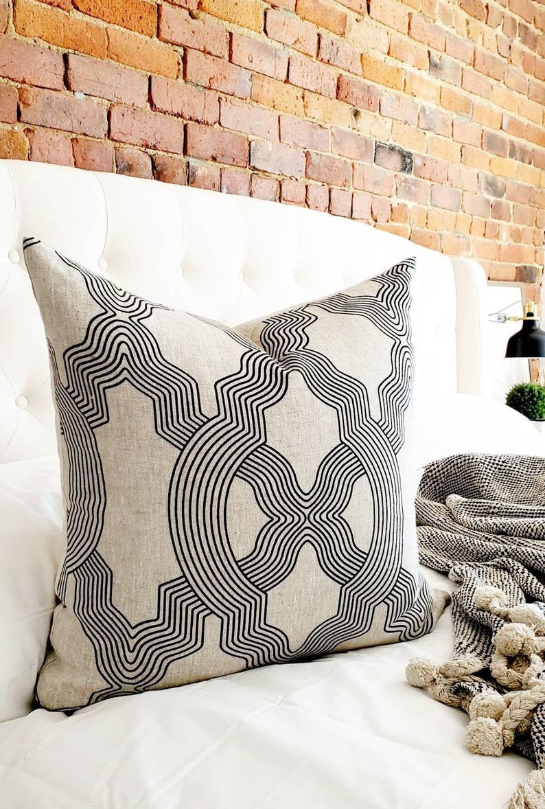 Modern Farmhouse Pillow Beige and Black Linen Pillow 20x20 Etsy