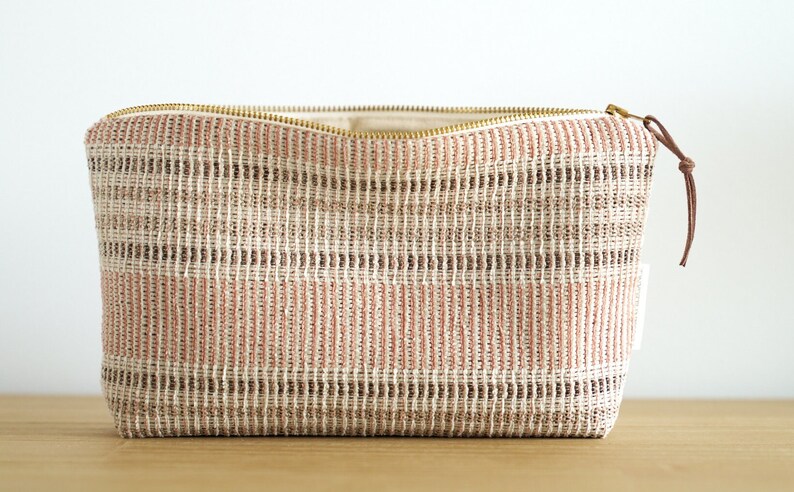 Terracotta Striped Textured Makeup Bag, Pink and Brown Makeup Pouch, Unique Textured Terracotta Cosmetic Bag image 2