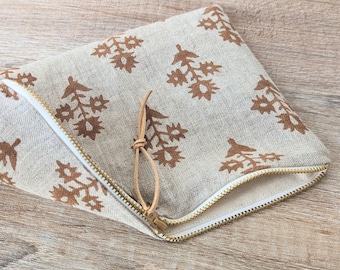 Brown and beige linen makeup pouch, unique handmade cosmetic kit, makeup case, teenage gift, mom gift