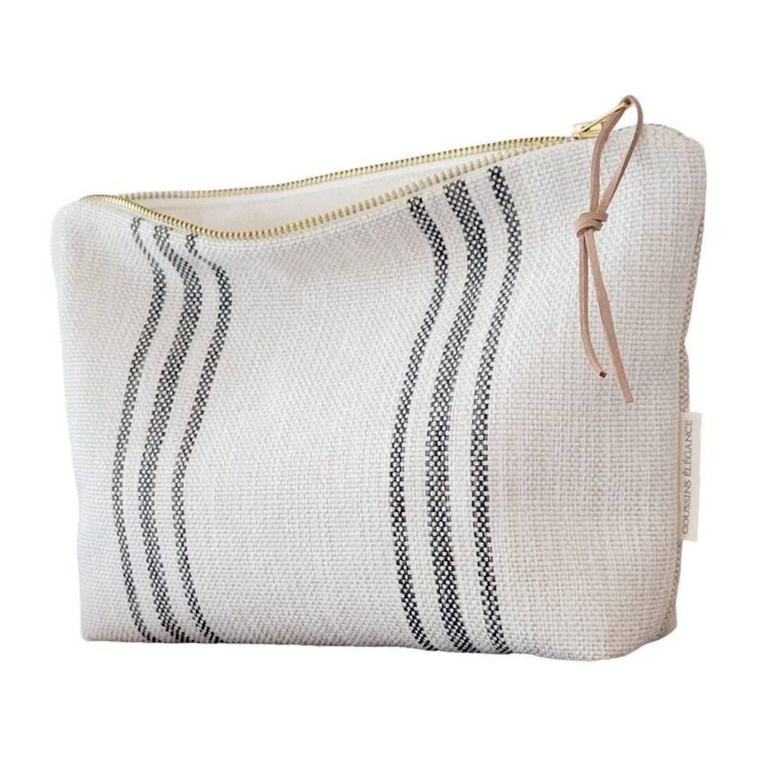Beige Makeup Bag With Black Stripes. Minimalist Cosmetic Bag. Bohemian ...