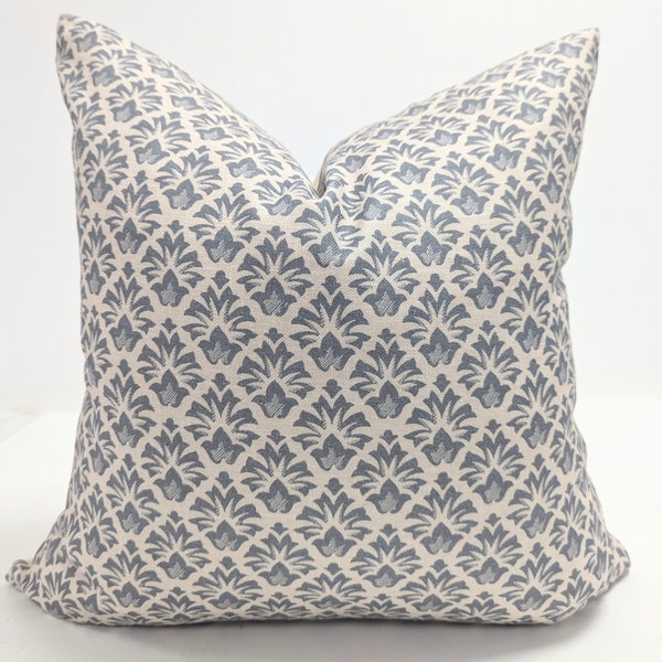 Beige and Blue Floral Linen pillow Cover, Designer Block Print Cushion Cover, Modern Farmhouse Decor, Calli Vibe Blue Pillow, Accent Pillow