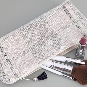 Plaid Makeup Bag Off White & Blue : Woven High End Fabric