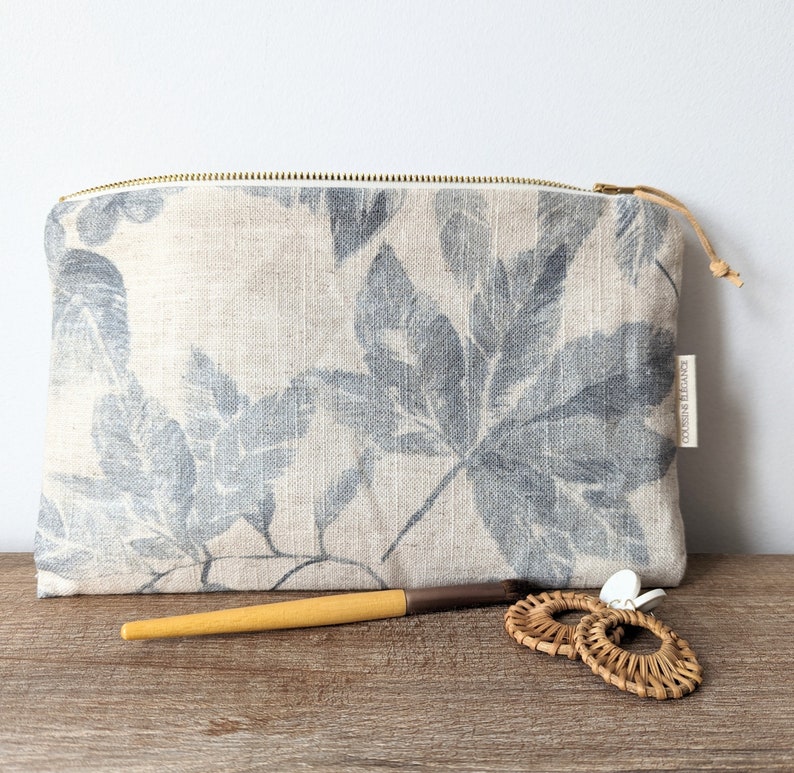Blue and beige floral makeup pouch, unique handmade cosmetic bag, makeup case, teenage gift, mom gift image 7