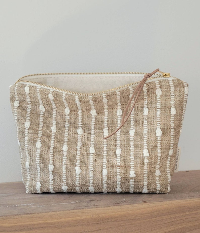 Boho textured makeup bag, woven cosmetic bag, white stripe burlap look pouch, rustic farmhouse makeup bag, special gift for teen girls image 1