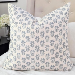 Hampton Style Blue Floral Pillow Cover, Sky Blue and Off White Block Print Linen Throw Pillow Cover image 1