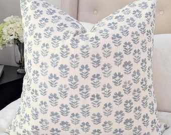 Hampton Style Blue Floral Pillow Cover, Sky Blue and Off White Block Print Linen Throw Pillow Cover