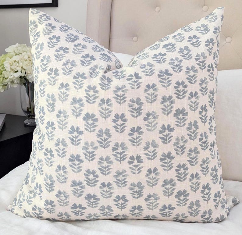 Hampton Style Blue Floral Pillow Cover, Sky Blue and Off White Block Print Linen Throw Pillow Cover image 1