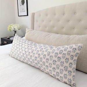 Hampton Style Blue Floral Pillow Cover, Sky Blue and Off White Block Print Linen Throw Pillow Cover image 9