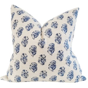 Blue Floral Pillow, Beige Blue Floral Pillow Block Print Inspired, Modern Cottage Accent Pillow, Trendy Pillow Cover, Designer pillow 20x20