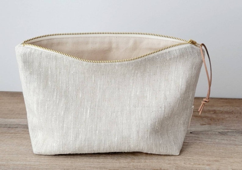 Beige Makeup Bag, Neutral Cosmetic Bag For Women, Linen Toiletry Bag For Women, Make Up Bag Gift image 6