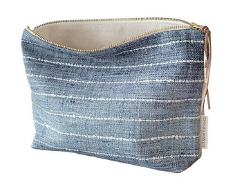 Rustic blue makeup bag, blue jeans cosmetic bag, rustic stripe pouch, make up, unique toiletry bag, high end makeup bag, unique gift women