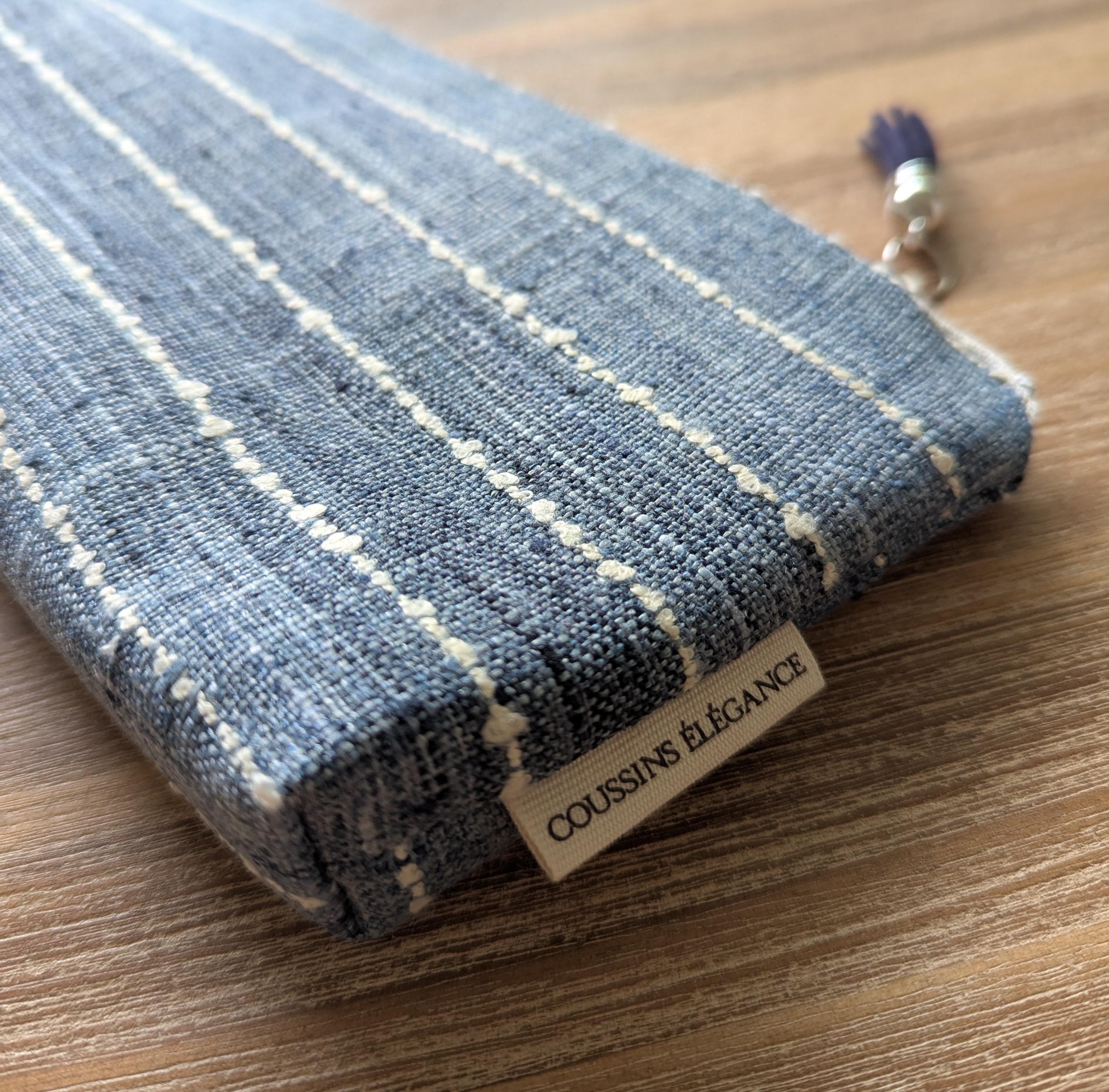 Rustic blue makeup bag, blue jeans cosmetic bag, rustic stripe pouch, make up, unique toiletry bag, high end makeup bag, unique gift women