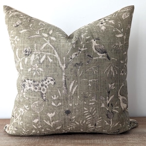 Green Botanical Pillow Cover – Luxury Linen & Organic Cotton Cushion, Modern Jungle Decor