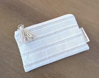 Small Zipper Pouch – Ivory Beige Striped Cosmetic Bag – Handmade Gift for Her