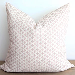 Blush Pink Floral Throw Pillow Cover. Petal Block Print  cream and soft pink throw pillow. East Coast  Decor. Cosy Cottage Decor.