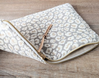 Ivory, beige and gray Leopard makeup pouch, unique handmade cosmetic bag, makeup case, teenage gift, mom gift