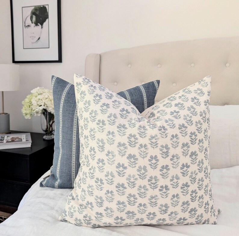 Hampton Style Blue Floral Pillow Cover, Sky Blue and Off White Block Print Linen Throw Pillow Cover image 5