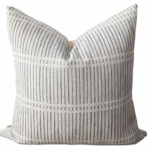 Modern Organic striped pillow cover in gray and blue for a minimalist and coastal living room decor