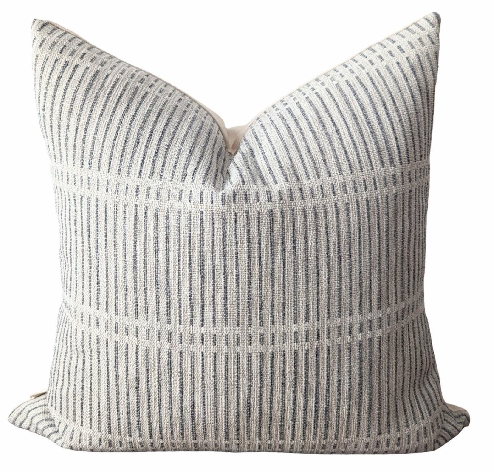 Beige & Blue Striped Accent Pillow - Neutral Classic Decor, Vertical Design, Coastal Vibe