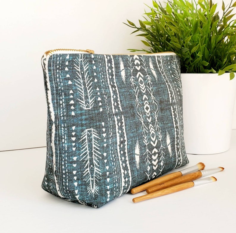 Bohemian blue makeup bag faded blue boho cosmetic bag tribal image 0