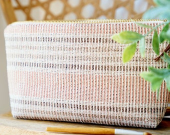 Terracotta Striped Textured Makeup Bag, Pink and Brown Makeup Pouch, Unique Textured Terracotta Cosmetic Bag