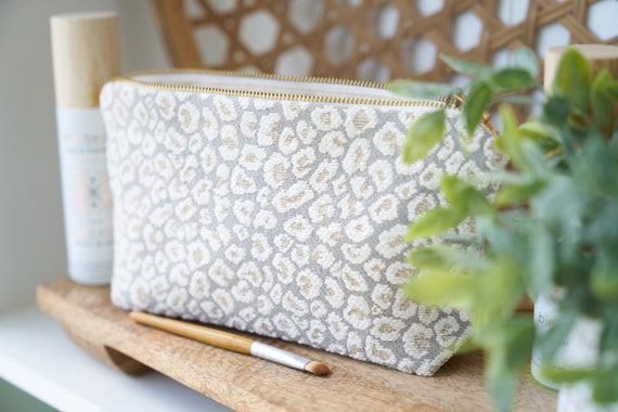 Beige Makeup Bag, Neutral Cosmetic Bag for Women, Linen Toiletry