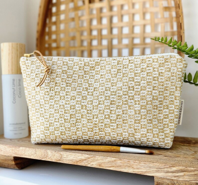 Unique Makeup Bag Yellow and White, Boho Cosmetic Pouch, Unique Gift Women, Handmade Makeup Bag, Medium Toiletry Bag, Gift For Makeup Lover image 1