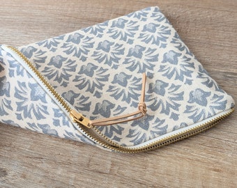 Blue and beige floral makeup pouch, unique handmade cosmetic bag, makeup case, teenage gift, mom gift