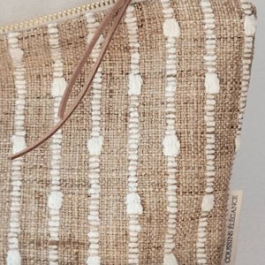 Boho textured makeup bag, woven cosmetic bag, white stripe burlap look pouch, rustic farmhouse makeup bag, special gift for teen girls image 3