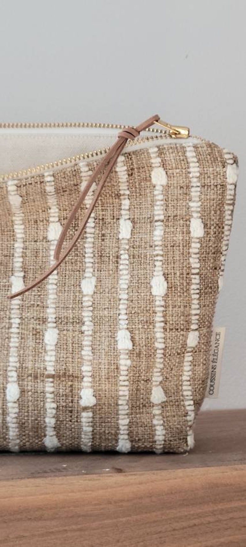 Boho textured makeup bag, woven cosmetic bag, white stripe burlap look pouch, rustic farmhouse makeup bag, special gift for teen girls image 3