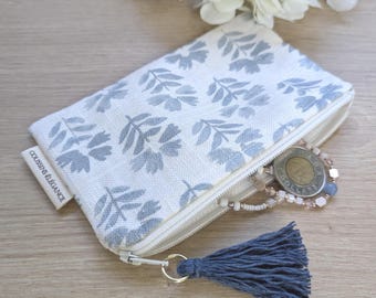 Blue Floral Coin Purse / Blue Mini Linen Zipper Pouch / Mini Bag Organizer for Keys and Earphones / Small Eco-Friendly Gift for Her