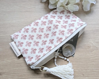 Floral Coin Purse / Ivory and Berry Red Linen Zipper Pouch / Mini Bag Organizer for Keys and Earphones / Small Eco-Friendly Gift for Her