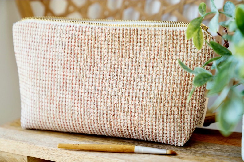 Sand and Terracotta Makeup Bag, Textured Tweedy Cosmetic Bag, Unique Red Terracotta makeup pouch image 1