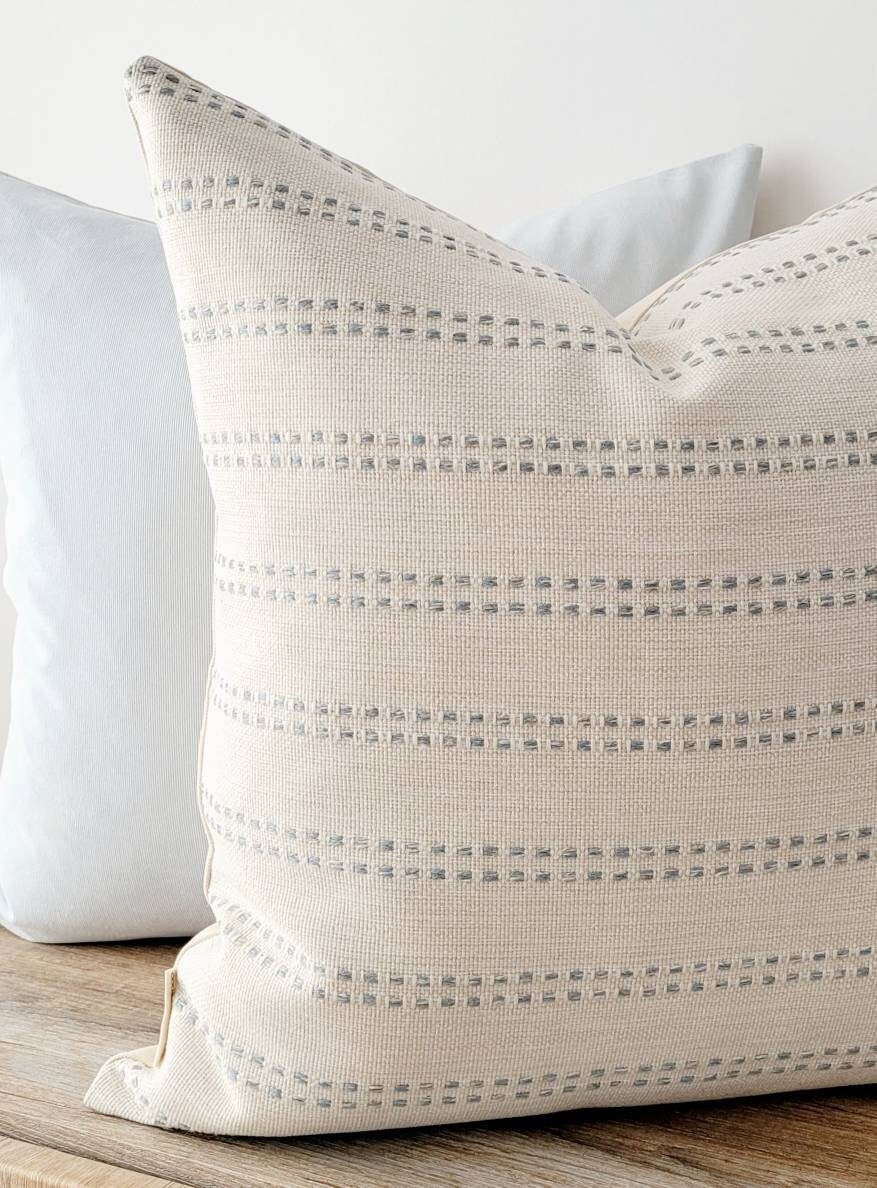 Sky Blue & White Striped Chalet Pillow: Minimalist Decor for Cottage, Farmhouse, Condo Living