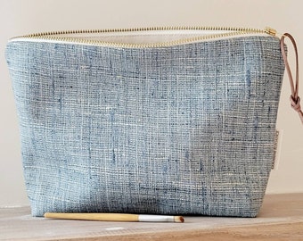 Blue woven makeup bag, minimalist cosmetic bag, classy blue toiletry bag, unique gift mom, bridesmaid gifts, teen girl gift,