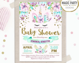 Unicorn Baby shower Invitation, Floral Baby shower invitation, Girl Baby Shower, Printable Invitation, rainbow Baby shower party