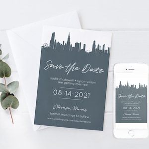 Chicago City-Scape Skyline Salva la data,INSTANT DIGITAL DOWNLOAD Chicago, Illinois Wedding, Custom Colors