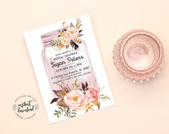 Bridal Shower Rustic Mason Jar Invitation INSTANT DIGITAL DOWNLOAD - Country Bridal Shower