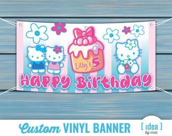 Kitty Happy Birthday Banner, Custom Personalized Banner, Banner, Girl Banner, Kids Banner, Children's Banner, Party, Pink, Decor, White