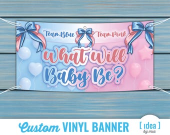 May include: A custom vinyl banner with a blue and pink color scheme, featuring the text "What Will Baby Be?" and decorative bows, balloons, and stars. The banner is designed for a gender reveal party.
