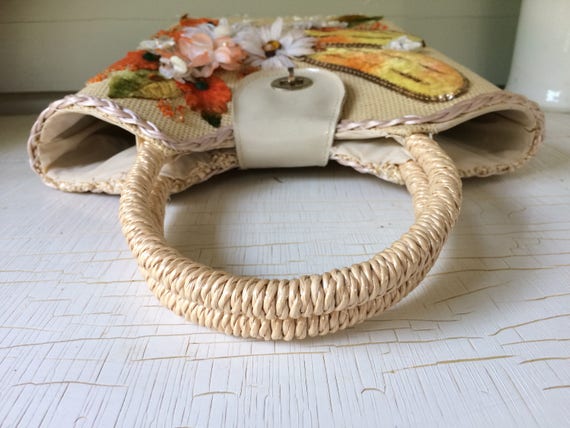 Vintage Purse Rattan with Flowers and Fruit 1970'… - image 5