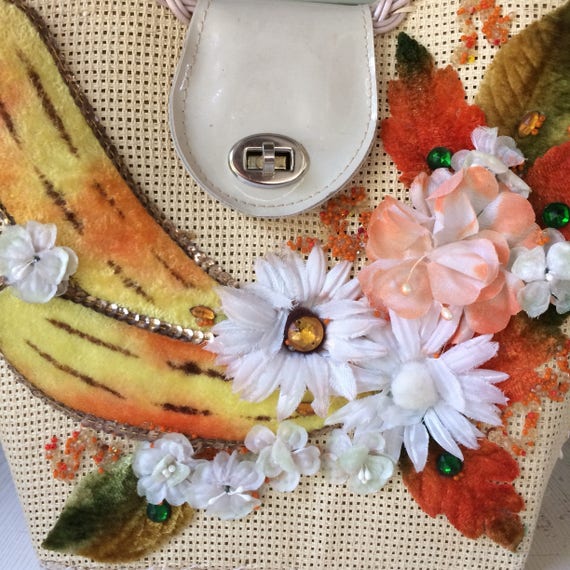 Vintage Purse Rattan with Flowers and Fruit 1970'… - image 2