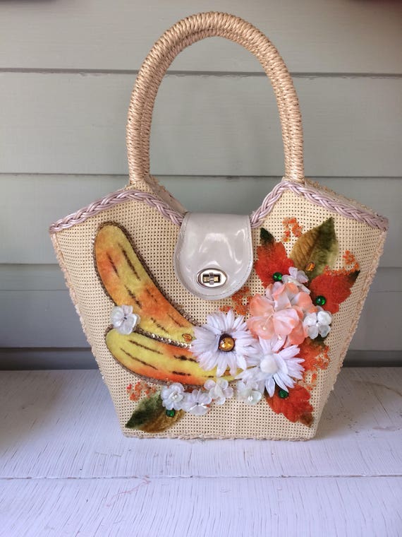 Vintage Purse Rattan with Flowers and Fruit 1970'… - image 1