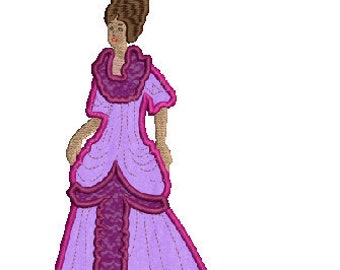 May include: A purple and pink embroidered design of a woman in a long gown with a ruffled neckline.